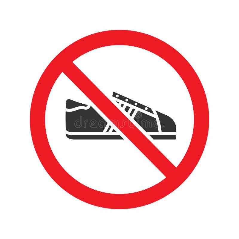 Forbidden sign with sneaker glyph icon. Stop silhouette symbol. No shoes prohibition. Negative space. Vector isolated illustration. Forbidden sign with sneaker glyph icon. Stop silhouette symbol. No shoes prohibition. Negative space. Vector isolated illustration