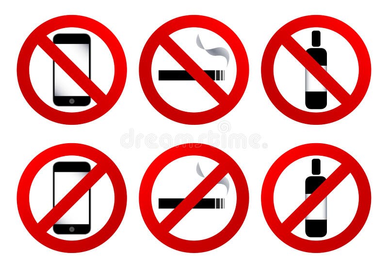 Verbotzeichen: keine Zelle, kein Rauch, kein Getränk