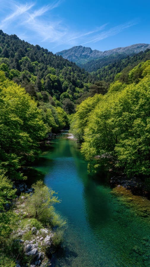Verdant Forest River Scenic Valley Green Trees Mountain Peaks Clear Blue Sky Summer Landscape Nature fotografia stock