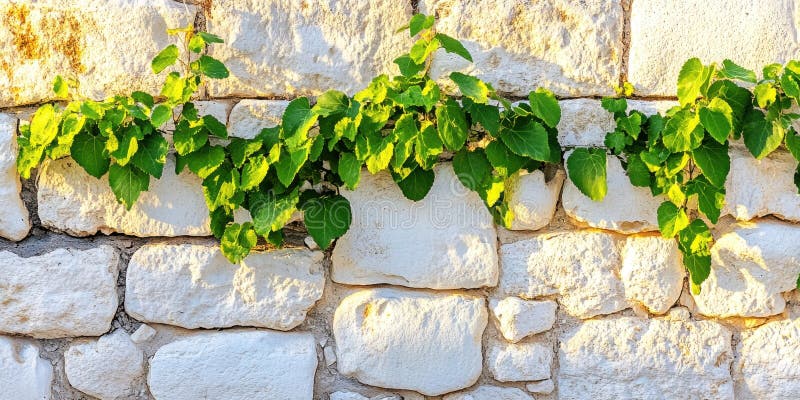 Verde de vie pe textura de perete de piatră albă Rustic Fundal vechi de plante imagine lumină proaspătă vii rurale vector illustration