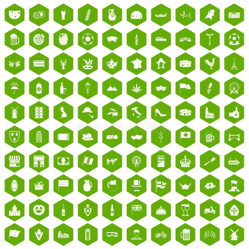 100 europe countries icons set in green hexagon isolated vector illustration. 100 europe countries icons set in green hexagon isolated vector illustration