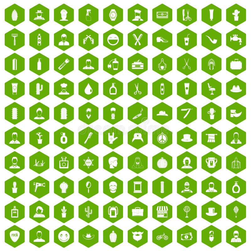 100 barber icons set in green hexagon isolated vector illustration. 100 barber icons set in green hexagon isolated vector illustration