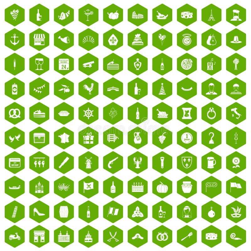 100 alcohol icons set in green hexagon isolated vector illustration. 100 alcohol icons set in green hexagon isolated vector illustration