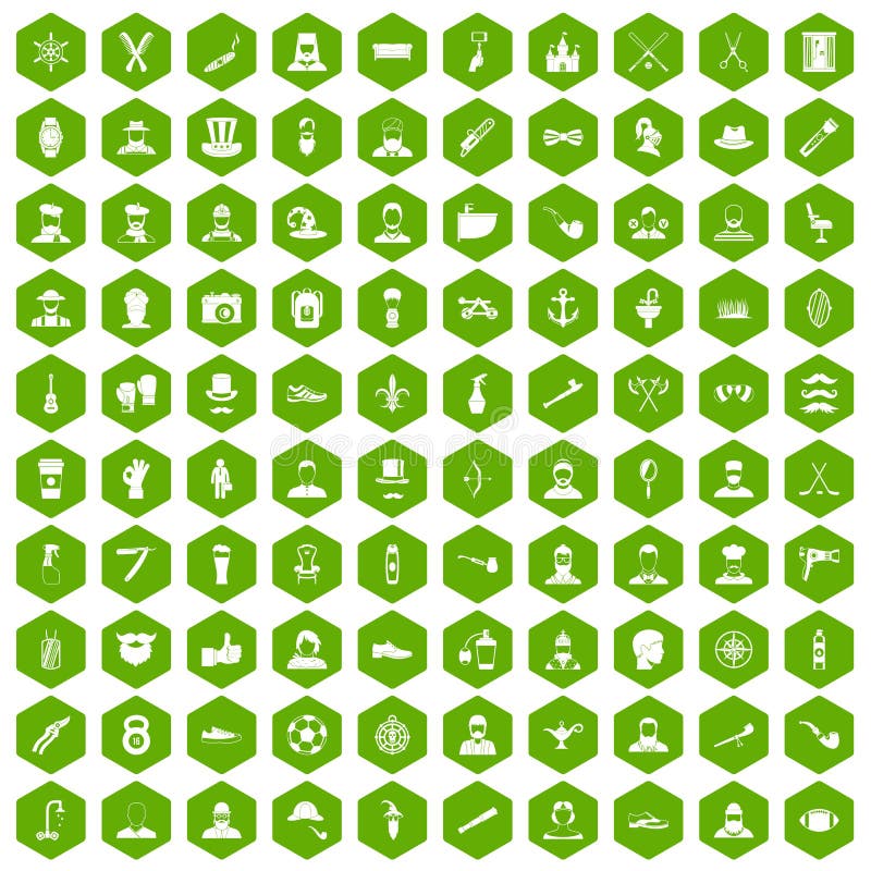100 beard icons set in green hexagon isolated vector illustration. 100 beard icons set in green hexagon isolated vector illustration