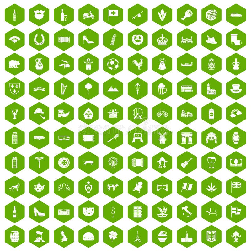 100 Europe icons set in green hexagon isolated vector illustration. 100 Europe icons set in green hexagon isolated vector illustration