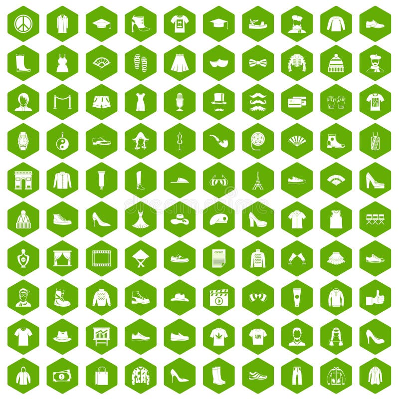 100 fashion icons set in green hexagon isolated vector illustration. 100 fashion icons set in green hexagon isolated vector illustration