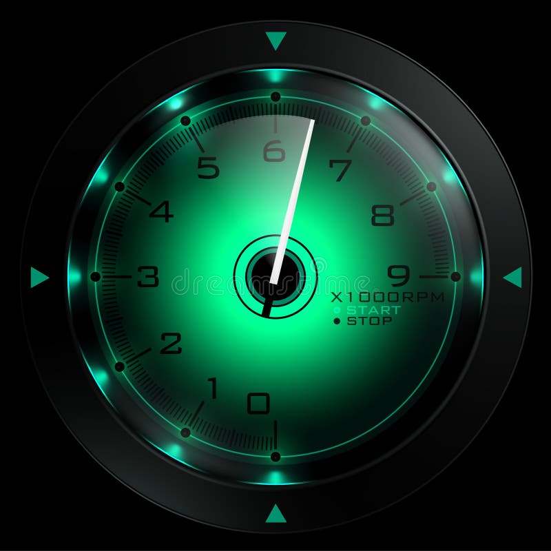 Tachometer green isolated on black 3D render. Tachometer green isolated on black 3D render