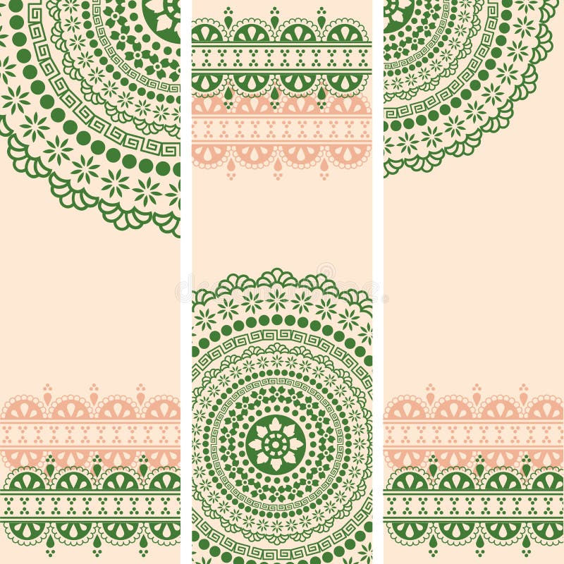 Banners verticais com mandalas orientais de henna em verde e creme ilustração stock
