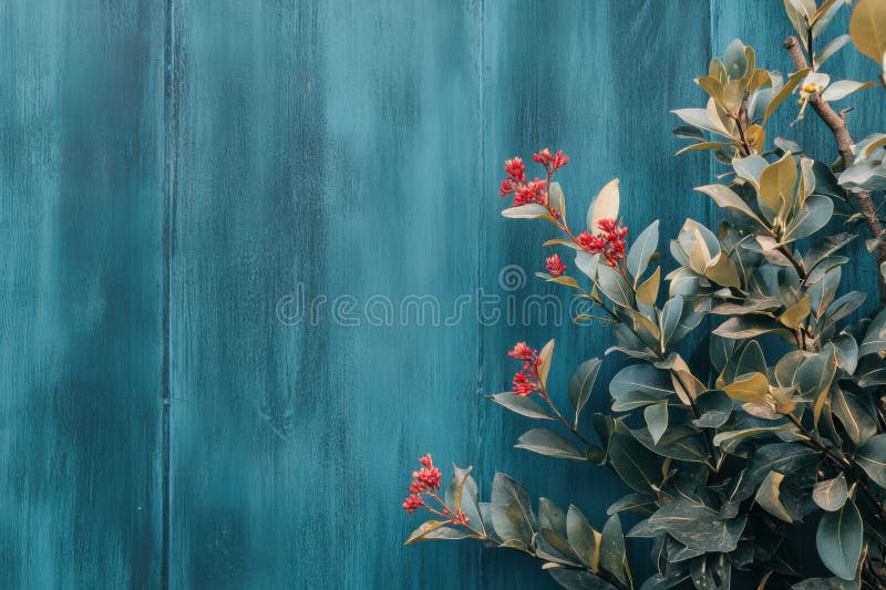 Verdeață vibrantă și flori roșii delicate pe un fundal rustic teal din lemn, creând o atmosferă primitoare pentru text royalty free stock photo