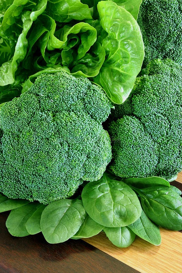 Broccoli, Cos Lettuce and Baby Spinach Leaves in arrangement. Broccoli, Cos Lettuce and Baby Spinach Leaves in arrangement.