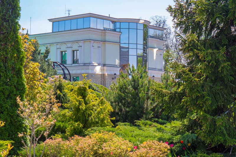 Verdi nel parco piantato accanto a ogni altro contro il contesto di bella costruzione dell'architettura moderna e della a fotografie stock Verdi nel parco piantato accanto a ogni altro contro il contesto di bella costruzione dell'architettura moderna e della a fotografie stock