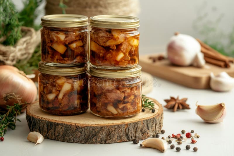 Verduras conservadas caseras en tarros de vidrio con especias aromáticas e ingredientes frescos. Verduras conservadas caseras almacenadas en jarras de vidrio con ajo y especias aromáticas que muestran ingredientes rústicos de cocina y presentación culinaria. generado por IA