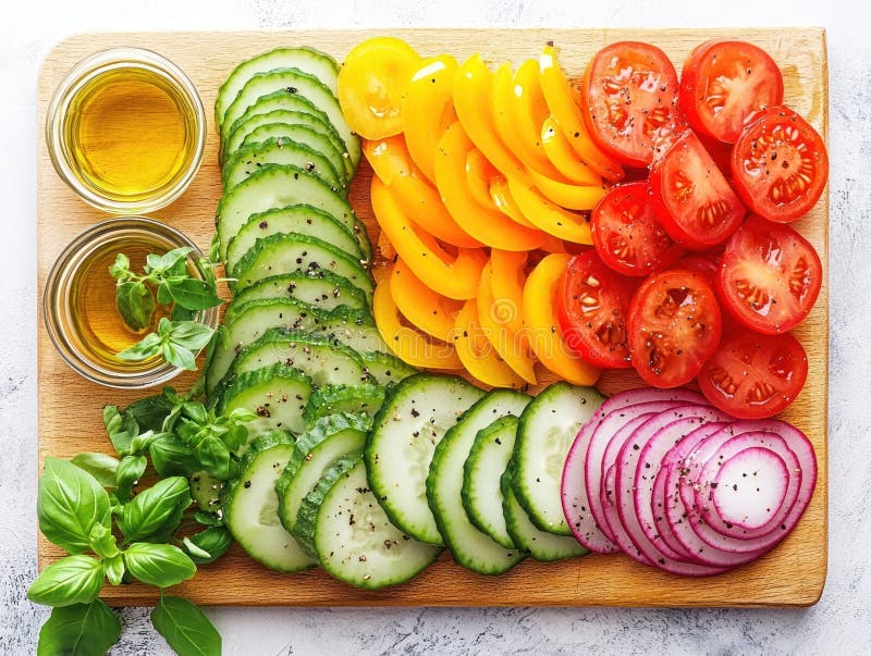 Verduras cortadas en lona de madera con aceite de oliva listo para la ensalada libre illustration