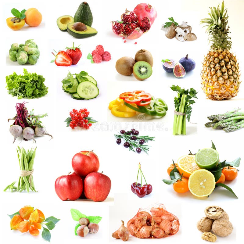 Set de collage de verduras, frutas y bayas fotos de archivo