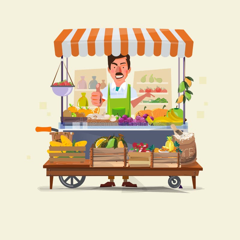 Verdure e carretto di frutti con progettazione di carattere del venditore mercato illustrazione vettoriale Verdure e carretto di frutti con progettazione di carattere del venditore mercato illustrazione vettoriale
