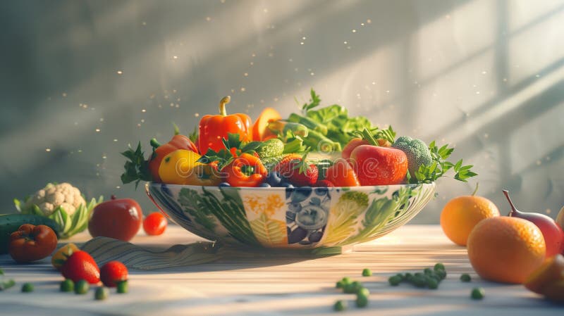 Verdure e frutta fresche in una ciotola su un tavolo di legno bianco. illustrazione di stock