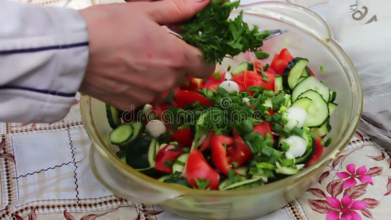 Verdure femminili del taglio delle mani per l'insalata del vegano