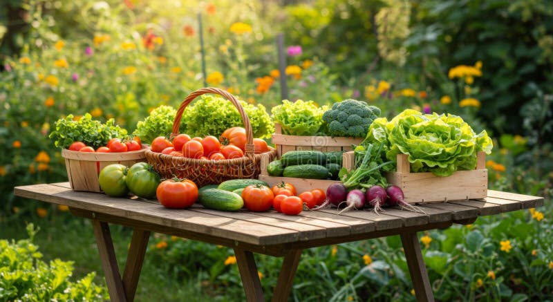 Verdure fresche di giardino sulla tavola di legno di ferro illustrazione vettoriale