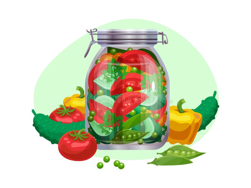 Pickles composition with isolated image of marinated vegetables in glass jars with ripe fruits vector illustration. Pickles composition with isolated image of marinated vegetables in glass jars with ripe fruits vector illustration