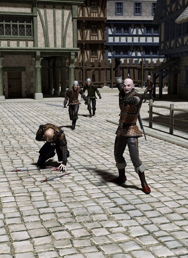 Guards chasing felons in the street of a Medieval or fantasy town, 3d digitally rendered illustration. Guards chasing felons in the street of a Medieval or fantasy town, 3d digitally rendered illustration