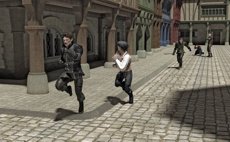 Hue and cry - chase through a Medieval street, 3d digitally rendered illustration. Hue and cry - chase through a Medieval street, 3d digitally rendered illustration