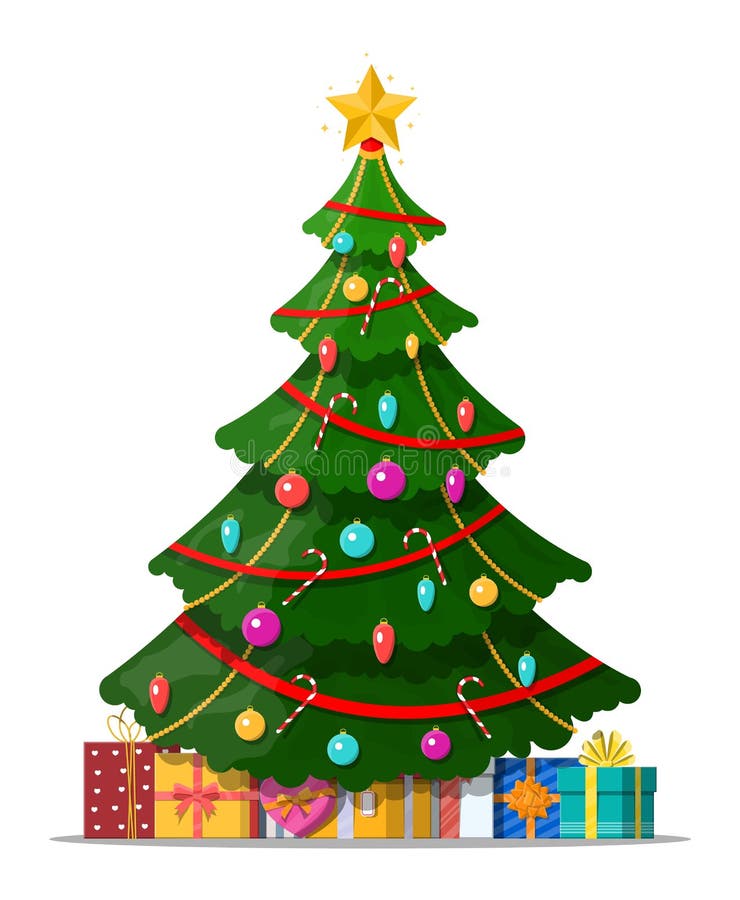 Verfraaide kerstboom en giftdozen vector illustratie Verfraaide kerstboom en giftdozen vector illustratie