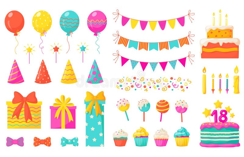 Verfraaiing van de verjaardag Ontwerpelementen voor kinderen, confetti-ballonnen koken kleurige papieren linten kaarsen Vectorver