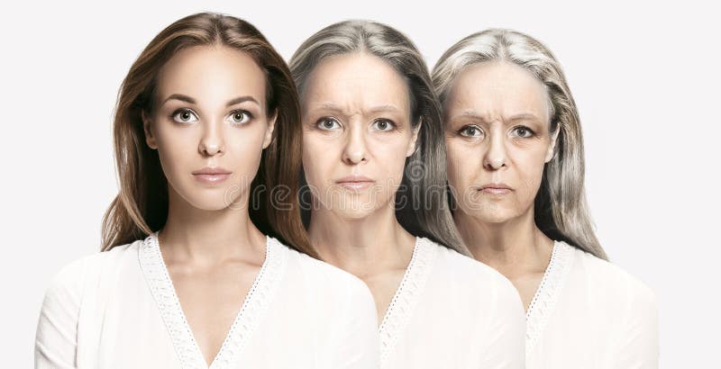 vergelijking Portret van mooie vrouw met probleem en schoon huid, het verouderen en de jeugdconcept stock foto vergelijking Portret van mooie vrouw met probleem en schoon huid, het verouderen en de jeugdconcept stock foto