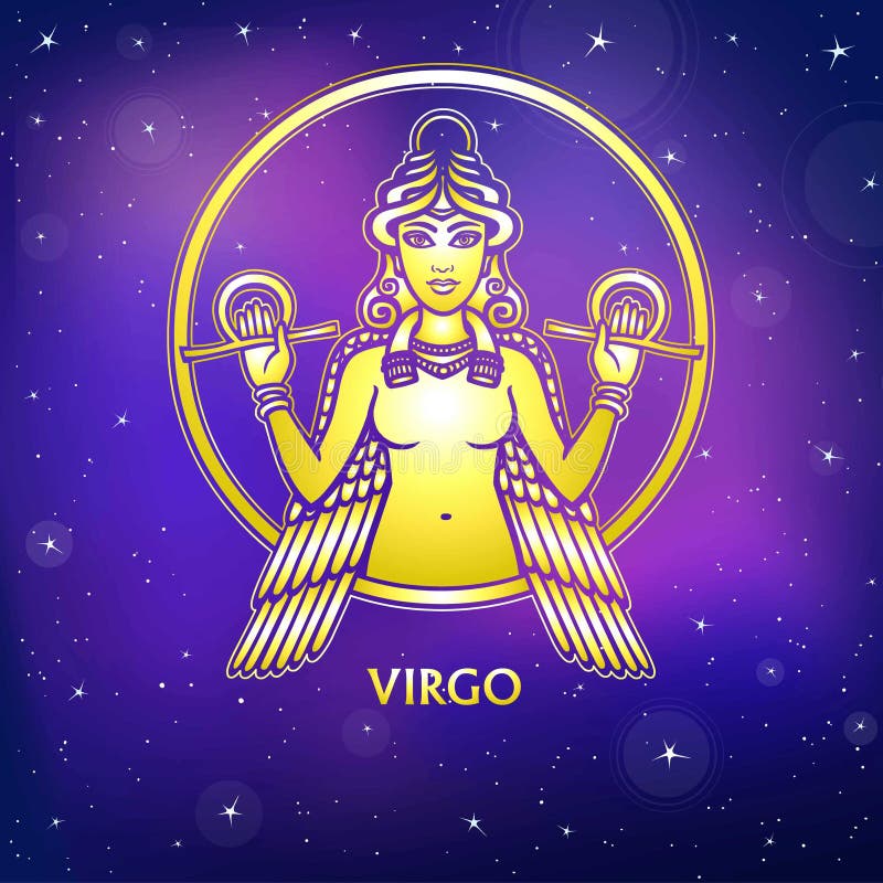 Zodiac sign Virgo. Character of Sumerian mythology. Gold imitation. Vector illustration. Background - the night star sky.Print, potser, t-shirt, card. Zodiac sign Virgo. Character of Sumerian mythology. Gold imitation. Vector illustration. Background - the night star sky.Print, potser, t-shirt, card.