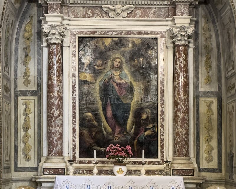 Pictured is a painting titled Virgin of the Immaculate Conception by Ludovico Cardi in the late 16th century. It is the altarpiece of the Chapel of Conception in the Collegiata di Santa Maria Assunta, San Gimignano, Italy. Pictured is a painting titled Virgin of the Immaculate Conception by Ludovico Cardi in the late 16th century. It is the altarpiece of the Chapel of Conception in the Collegiata di Santa Maria Assunta, San Gimignano, Italy.