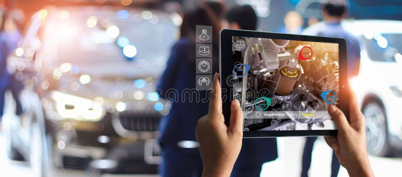 Vergroot werkelijkheidsconcept AR Industri?le 4 0, Hand van de tablet die van de ingenieursholding virtueel AR gebruiken stock foto Vergroot werkelijkheidsconcept AR Industri?le 4 0, Hand van de tablet die van de ingenieursholding virtueel AR gebruiken stock foto