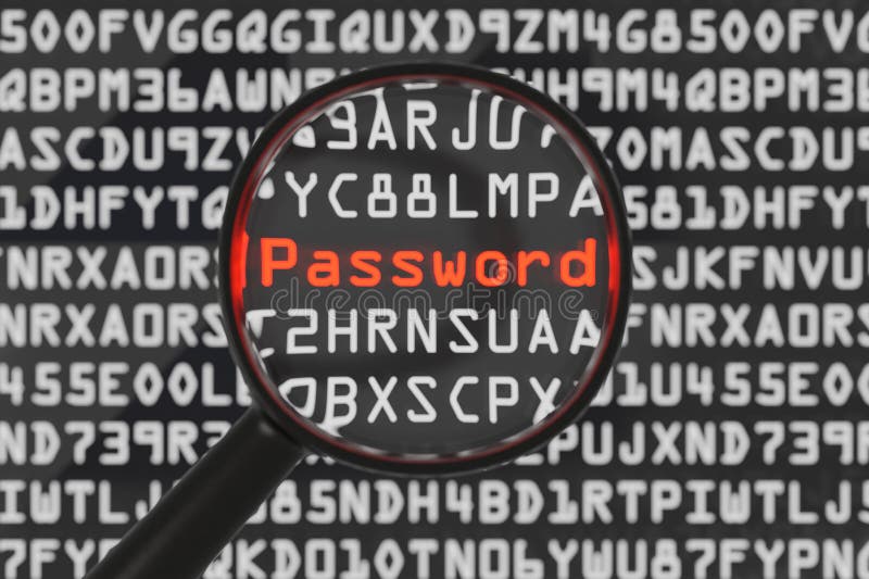 Vergrößerungsglas, das das Wort Passwort auf dunklem schwarzen Bildschirm durchsucht, mit Programm-Code-Hacker-Passwort-Sicherheit lizenzfreie abbildung