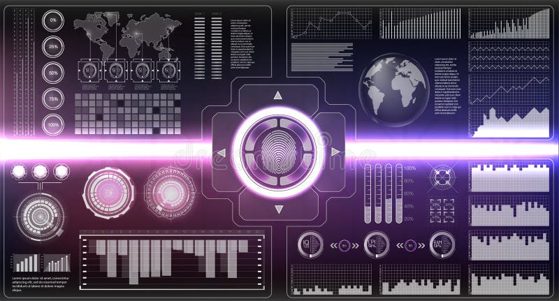 Verification scanners set. Finger Scan in Futuristic Style. Biometric id with Futuristic HUD Interface. screen monitor background vector illustration Verification scanners set. Finger Scan in Futuristic Style. Biometric id with Futuristic HUD Interface. screen monitor background vector illustration