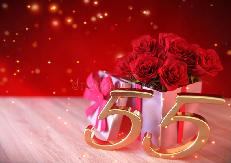 Verjaardagsconcept met rode rozen in gift op houten bureau Fiftyfifth vijfenvijftigste 3d geef terug royalty-vrije illustratie Verjaardagsconcept met rode rozen in gift op houten bureau Fiftyfifth vijfenvijftigste 3d geef terug royalty-vrije illustratie