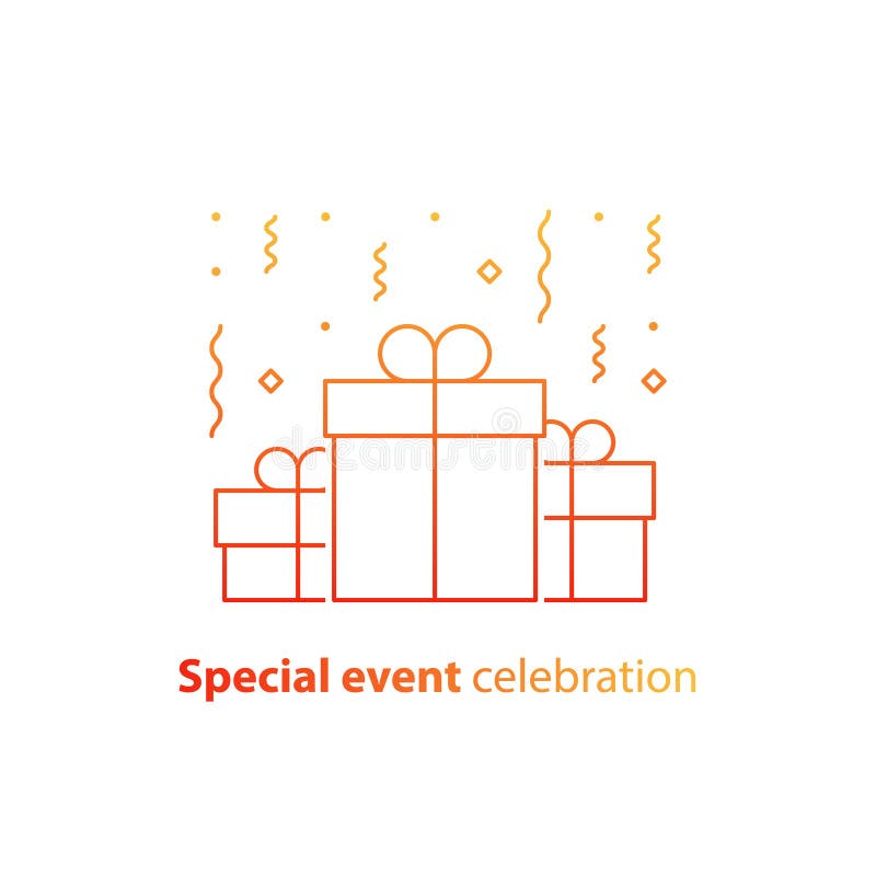 Verjaardagsviering, gelukkige verjaardagsgelukwensen, de giftdozen van de trioverrassing, dalende confettien, vectorillustratie vector illustratie Verjaardagsviering, gelukkige verjaardagsgelukwensen, de giftdozen van de trioverrassing, dalende confettien, vectorillustratie vector illustratie