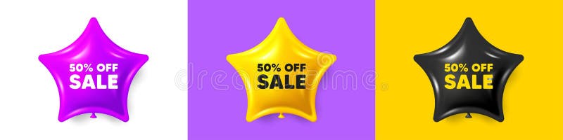 Sale 50 percent off discount. Birthday star balloons 3d icons. Promotion price offer sign. Retail badge symbol. Sale text message. Party balloon banners with text. Birthday or sale ballon. Vector. Sale 50 percent off discount. Birthday star balloons 3d icons. Promotion price offer sign. Retail badge symbol. Sale text message. Party balloon banners with text. Birthday or sale ballon. Vector
