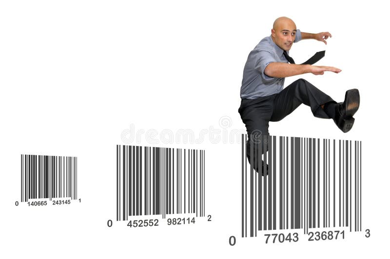 Businessman jumping over barcodes isolated in white. Businessman jumping over barcodes isolated in white