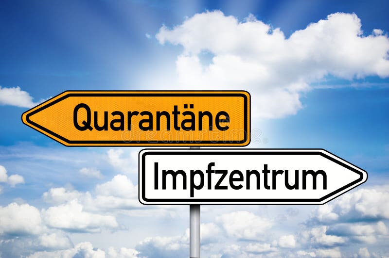 Verkehrsschild mit den deutschen Worten für Mitte oder Mitte und Quarantäne der Impfung covid19 quarantane impfzentrum mit blauer