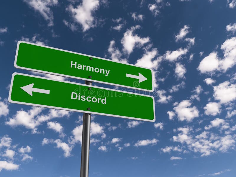 Harmony - Discord traffic sign on blue sky background. Harmony - Discord traffic sign on blue sky background