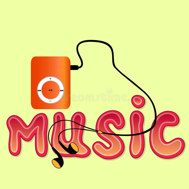 Verklig apelsinmp3-spelare med hörlurar och ordet 'MUSIK', stock illustrationer Verklig apelsinmp3-spelare med hörlurar och ordet 'MUSIK', stock illustrationer