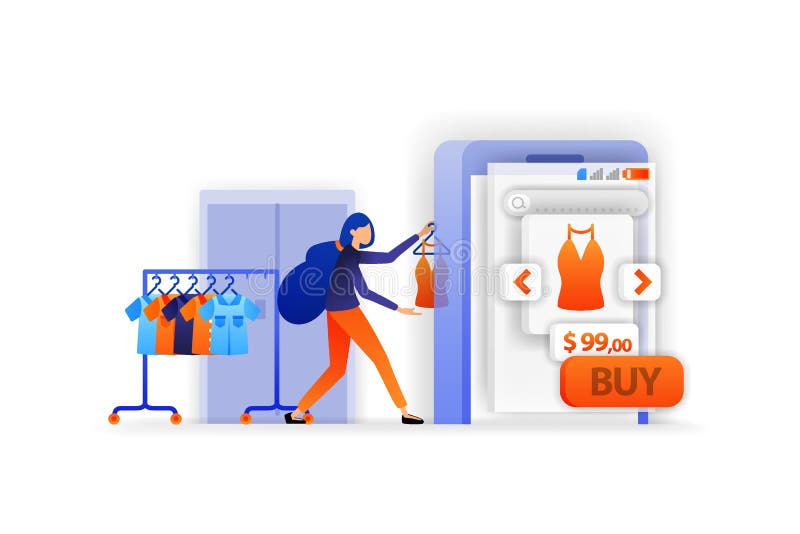 Verkoop in online markt Vertoningskleren voor verkoop Het mobiele winkelen apps Online betalings verkopend product Vector illustr royalty-vrije illustratie Verkoop in online markt Vertoningskleren voor verkoop Het mobiele winkelen apps Online betalings verkopend product Vector illustr royalty-vrije illustratie