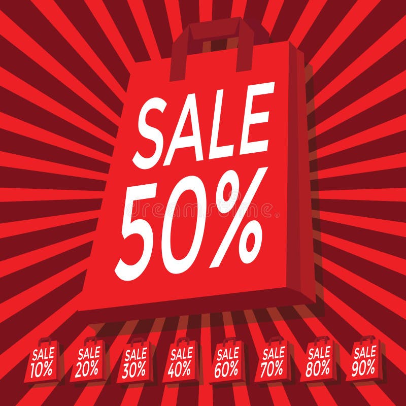 Verkoop 10 - 90 percententekst met rode het winkelen zak vector illustratie Verkoop 10 - 90 percententekst met rode het winkelen zak vector illustratie