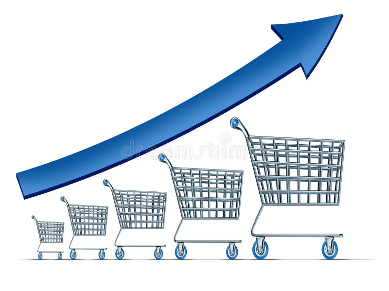 Sales increase symbol as a group of rising shopping carts with a blue arrow going up as a metaphor for successful commercial retail consumerism on a white background. Sales increase symbol as a group of rising shopping carts with a blue arrow going up as a metaphor for successful commercial retail consumerism on a white background.