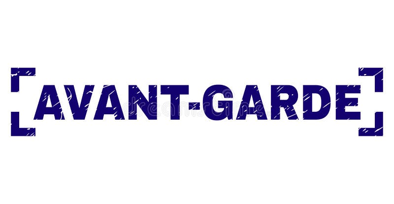 Verkratztes strukturiertes AVANTGARDE Stempelsiegel innerhalb der Ecken. AVANTGARDE-Titel-Dichtungswasserzeichen mit Bedrängnisbeschaffenheit Texttitel wird innerhalb der Ecken gesetzt Gummidruck des blauen Vektors der AVANTGARDE mit Staubbeschaffenheit