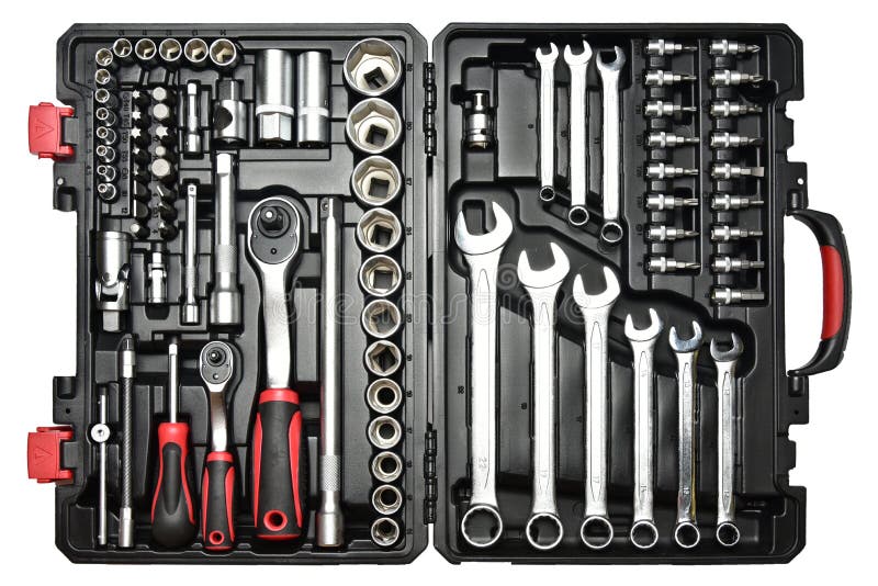 Toolbox set of wrenches, car mechanic tools in repair kit case with ratchet handle and sockets. Toolbox set of wrenches, car mechanic tools in repair kit case with ratchet handle and sockets