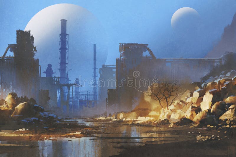 Sci-fi scenery of the way to abandoned industrial buildings with planets in the sky on background,illustration painting. Sci-fi scenery of the way to abandoned industrial buildings with planets in the sky on background,illustration painting