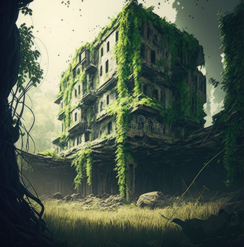 Verlassene Orte, überwuchert mit Dschungelpost apocalypse Illustrationskunst.