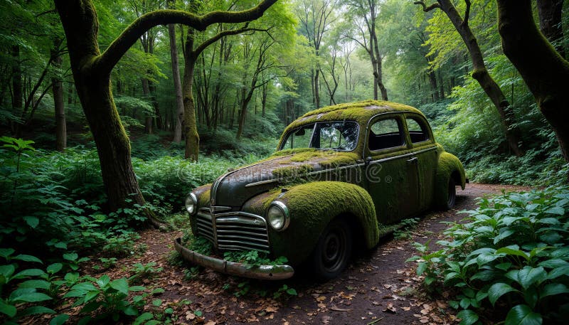 Verlassener Oldtimer, bedeckt mit Moos in einem üppig grünen Wald lizenzfreie abbildung