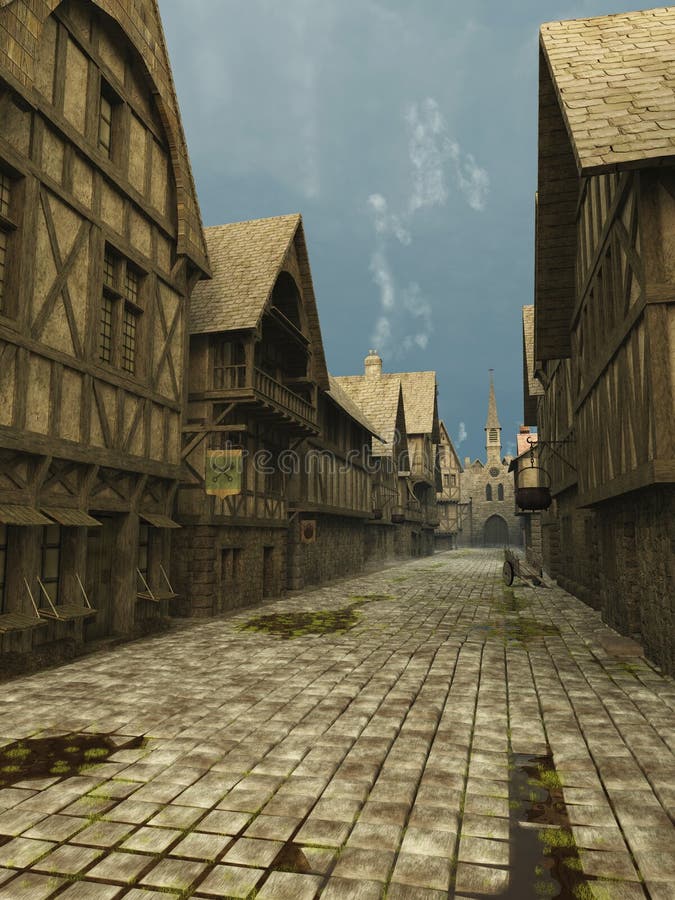 Illustration of an empty deserted street Scene set in a European town during the Middle Ages or medieval period, 3d digitally rendered illustration. Illustration of an empty deserted street Scene set in a European town during the Middle Ages or medieval period, 3d digitally rendered illustration