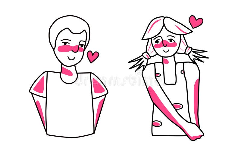 Shy boy and girl with emotion of love. Beloved teenagers half body drawing, sweetheart tender mood of adolescents, amour affection flirting. Line art with pink spots style. Shy boy and girl with emotion of love. Beloved teenagers half body drawing, sweetheart tender mood of adolescents, amour affection flirting. Line art with pink spots style